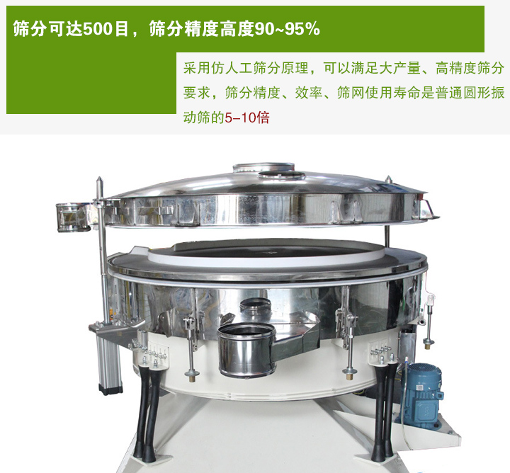 搖擺篩分機采用仿人工篩分原理，可以滿足大產量、高精度篩分 要求，篩分精度、效率、篩網使用壽命是普通圓形振 動篩的5-10倍